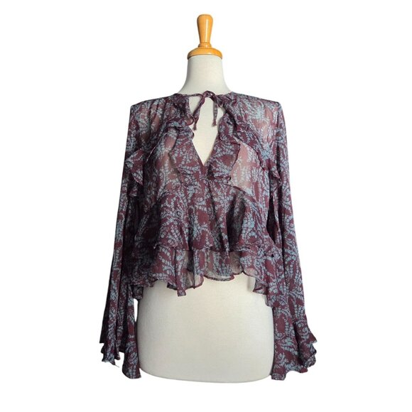 Olivaceous Maroon Fairy Grunge Floral Ruffled Bell Sleeve Blouse Women's M - Picture 8 of 10